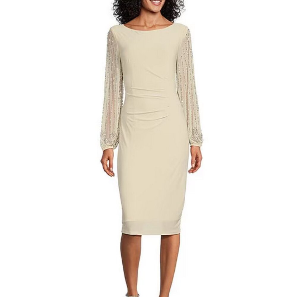 Marina Round Neck Beaded Lace Long Sleeve Side Drape Sheath Dress sz 10
